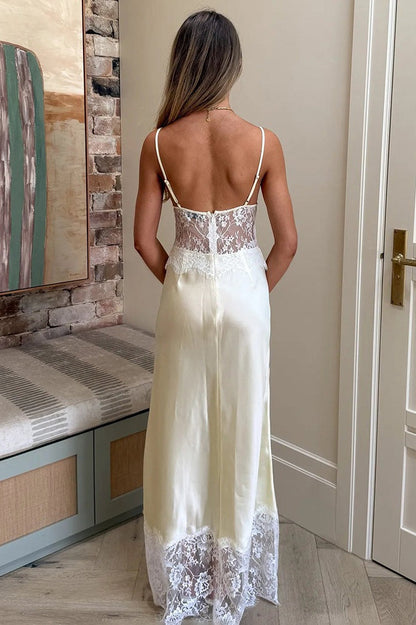 Deep V Sheer Lace Patchwork Maxi Dress
