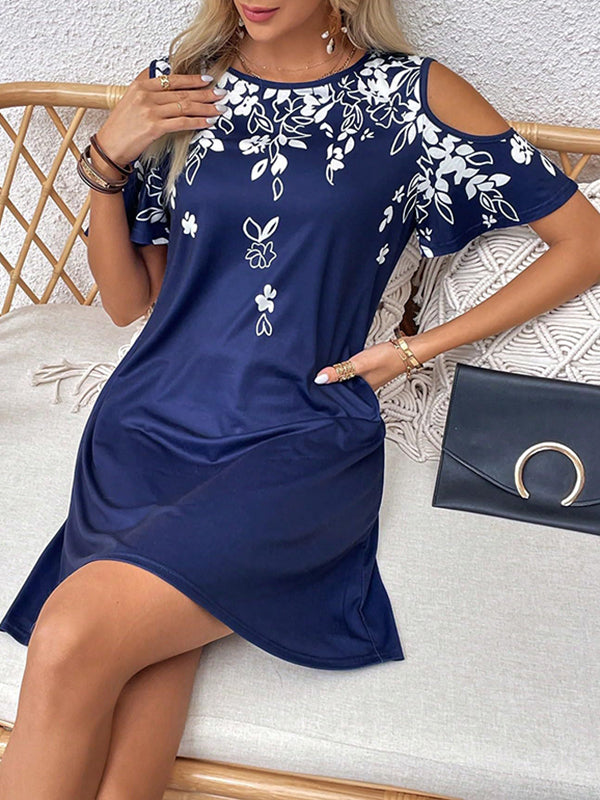 A-line Loose Flower Print Hollow Cold Shoulder Mini Dresses