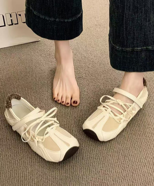 Comfy Beige Lace Up Splicing Flat Feet Shoes
