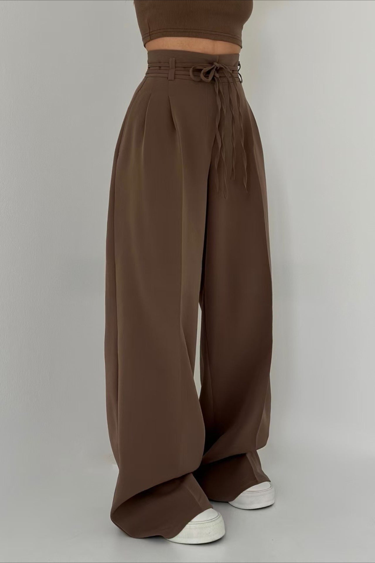 High Waist Tie Slim Straight Pants