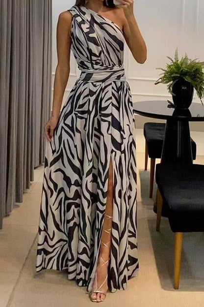 One Shoulder Sleeveless Printed Long Dress With Split Back