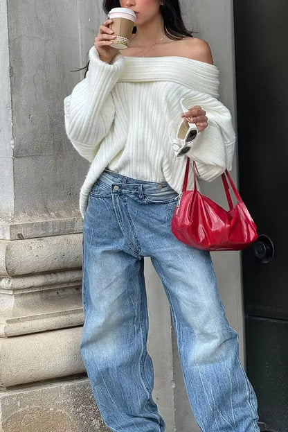 Fashionable Irregular Collar Loose Knitted Sweater