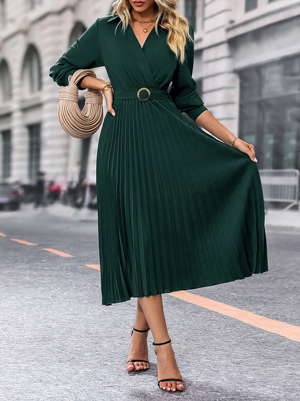 A-line Long Sleeves Belted Buttoned Pleated Lapel Midi Dresses