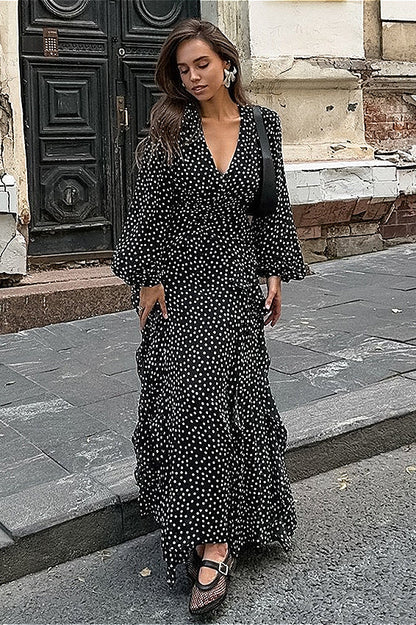 V-neck Polka Dot Puff Sleeve A-line Maxi Dress