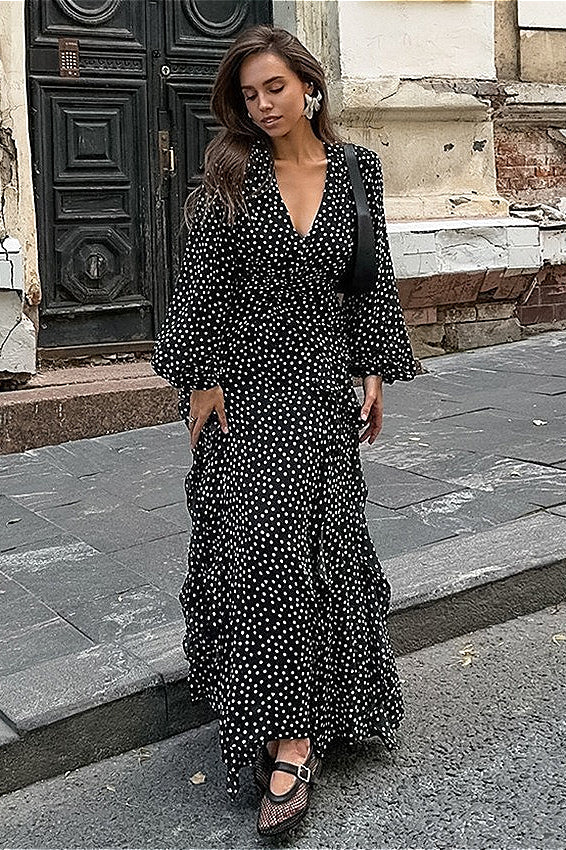 V-neck Polka Dot Puff Sleeve A-line Maxi Dress