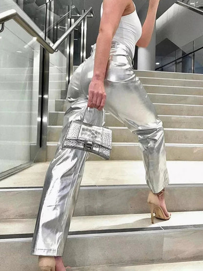 Silver Pu Pants High Waist Loose Wide Leg Pants Clubwear Party Femme Long Pant Autumn