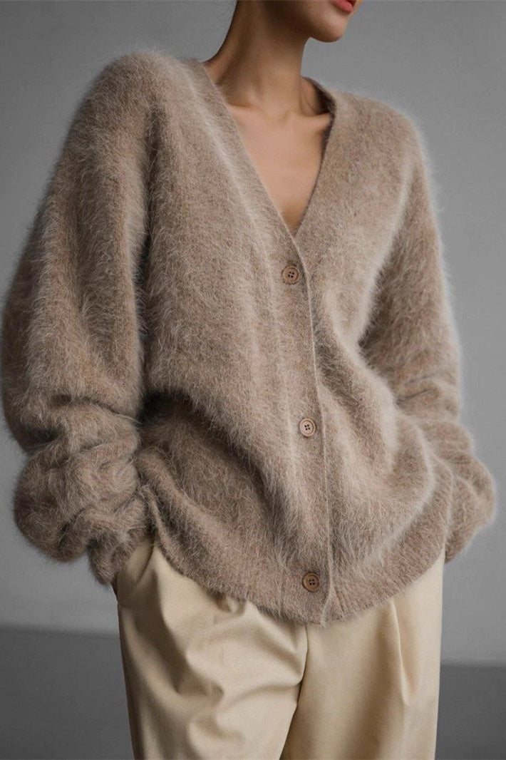 V-neck Fluffy Knit Cardigan Sweater