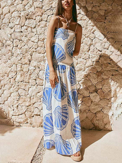Holiday Ocean Shell Print Sling Maxi Dress