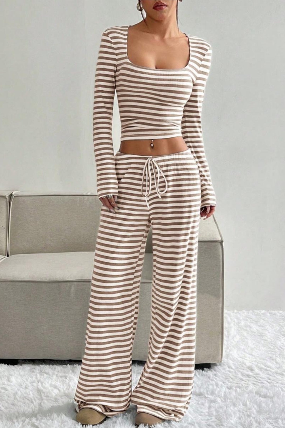 Two Tone Stripe Two Piece Pants Set