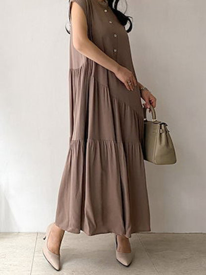 A-line Loose Buttoned Pleated Ruffled Color Split-joint Tiered Stand Collar Midi Dresses