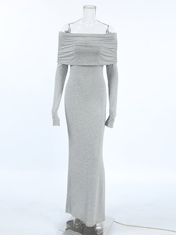 Long Sleeves Skinny Pleated Color Split-joint Off-the-shoulder Evening Dresses Maxi Dresses