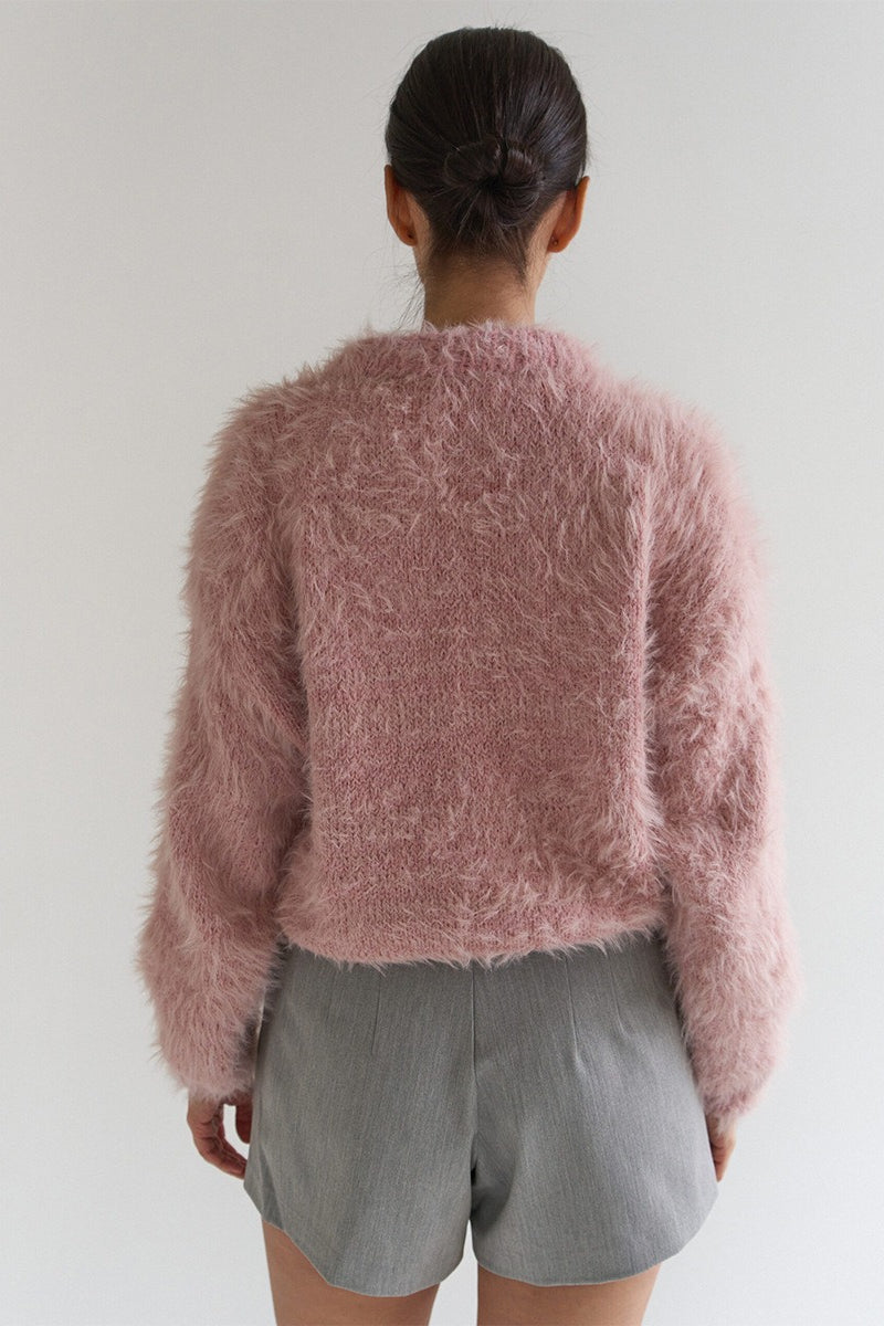 Color Button-up Faux Fur Knit Sweater