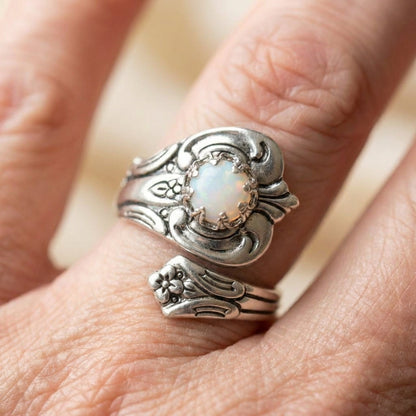White Opal Spoon Adjustable Ring