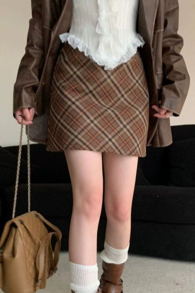 Tweed Plaid High Waist Fitted Short Skirt