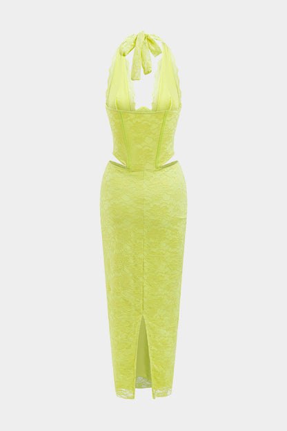 Halter Neck Backless Cut Out Corset Waist Maxi Dress