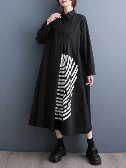 A-line Long Sleeves Asymmetric Buttoned Striped Lapel Midi Dresses