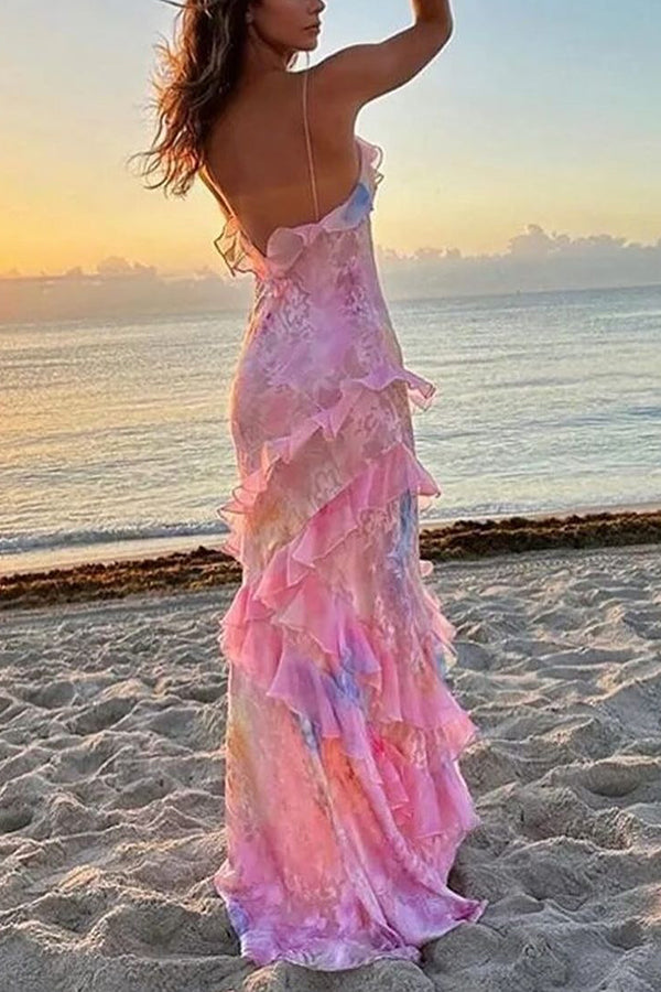 Multicolor Tie-dye Backless Wave-hem Strap Maxi Dress