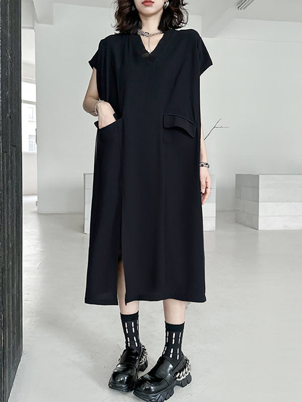 Loose Short Sleeves Asymmetric Color Split-joint Split-side V-neck Midi Dresses