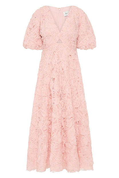 V-neck Puff Sleeve Cut-out Midi Dress