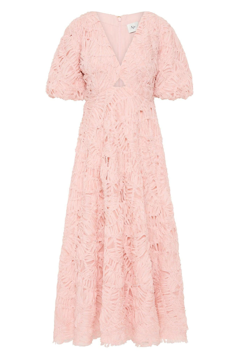 V-neck Puff Sleeve Cut-out Midi Dress