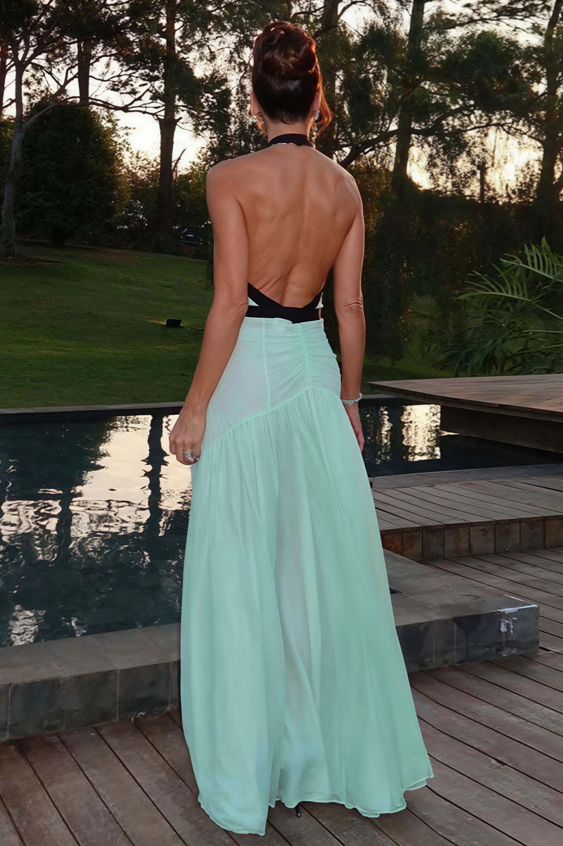 Deep V Halter Cutout Mesh Maxi Dress