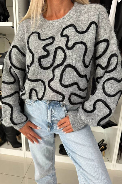 Mood Knit Contrast Color Sewing Line Pattern Loose Sweater