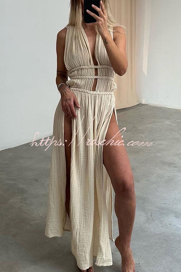 With Elegance Linen Blend Braids Belt Cutout Slit Kaftan Maxi Dress