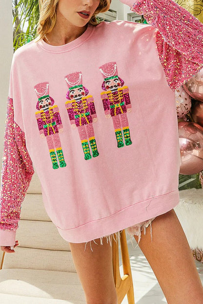 Christmas Loose Round Neck Sequined Sleeve Sweatshirt