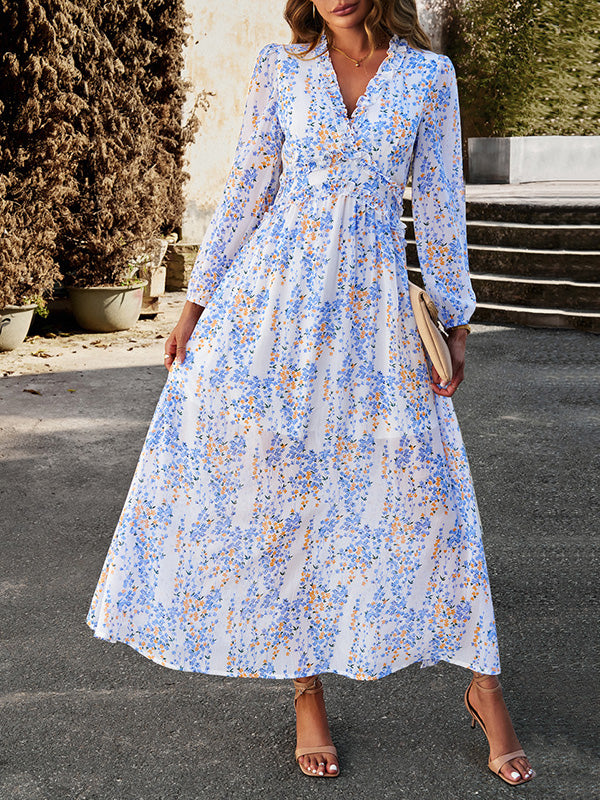 A-line High Waisted Flower Print Ruffled Split-joint Deep V-neck Maxi Dresses