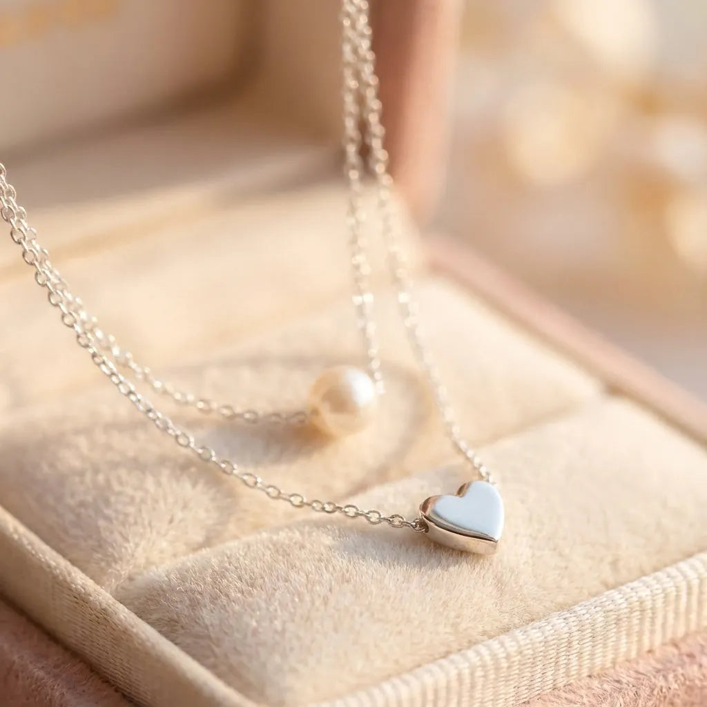 Silver Heart And Pearl Necklace