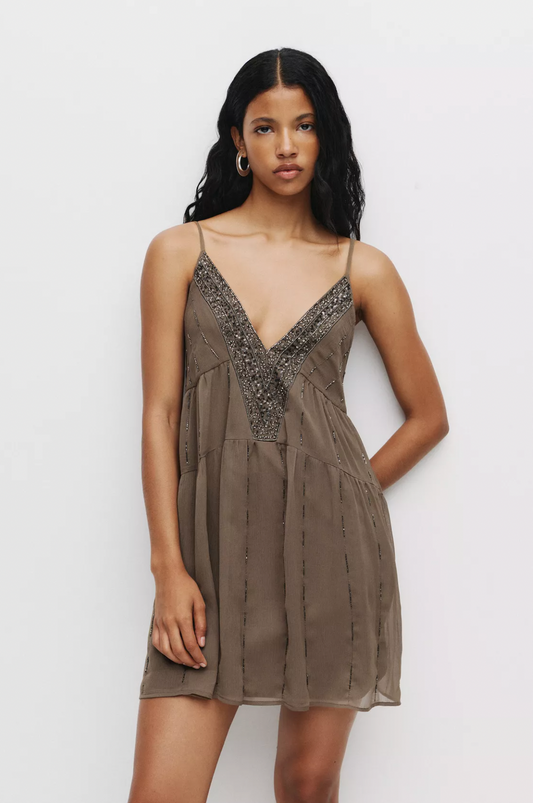 Liora — Lightweight Beaded Mini Dress With V-neck