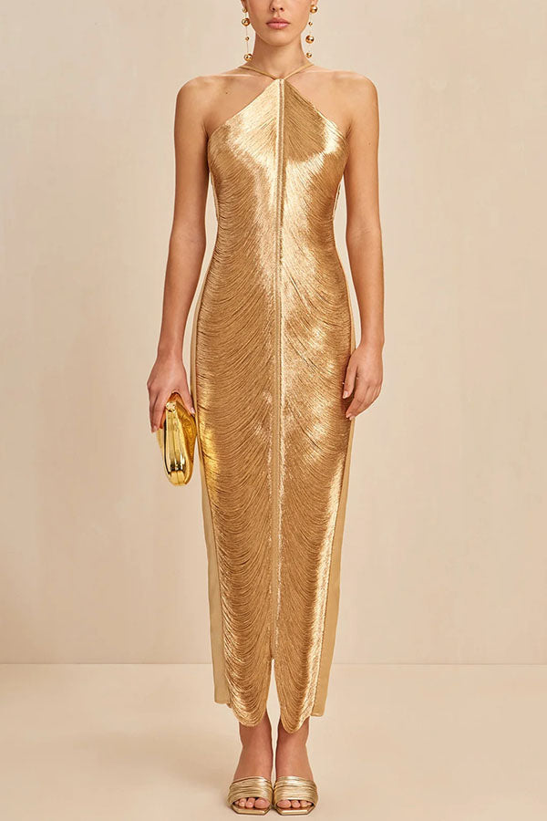 Allnight Metallic Halterneck Backless Fringed Slit Maxi Dress