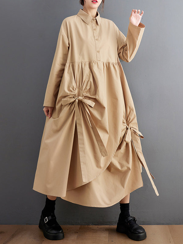 A-line Long Sleeves Buttoned Pleated Pockets Color Tied Lapel Midi Dresses Shirt Dress