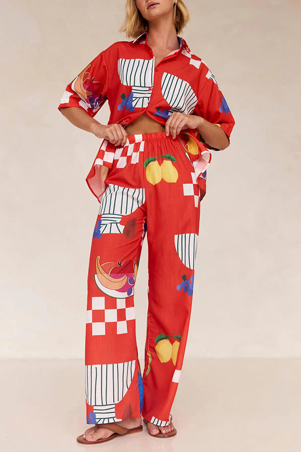 Unique Printed Shirt and Elastic Waist Pants Set