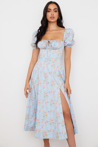 Blue Puff Sleeve Midi Dress
