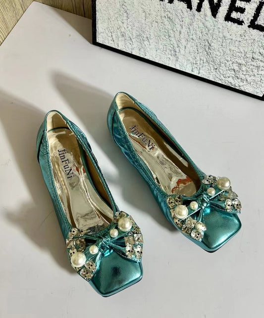 Soft Bow Zircon Splicing Flat Shoes for Green Faux Leather