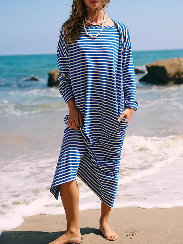 Long Sleeves Loose Contrast Color No Belt Split-joint Striped Round-neck Maxi Dresses