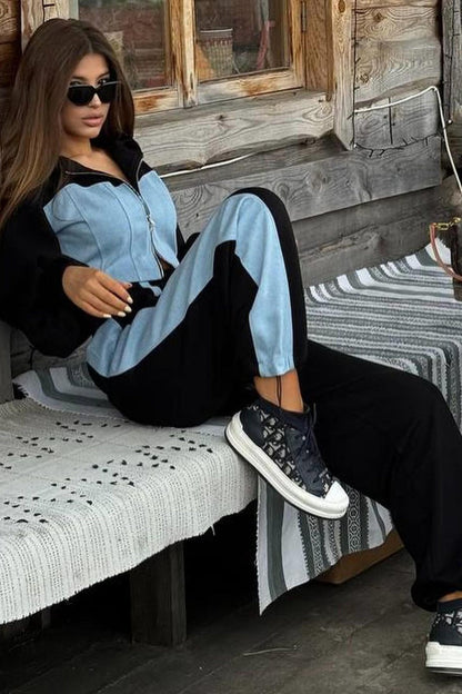 Color Block Hoodie Denim Two Piece Pants Set