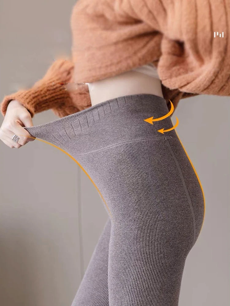 Warm Fleece Lined Super Thick Warm Leggings Winter Spandex Ribbed Slim Pattern Leggins Winter High Waist Basic Pants