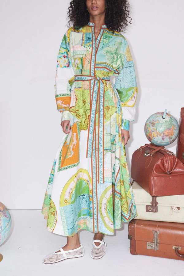 Travel Around the World Unique Print Balloon Sleeve Belt Shirt Midi Dress