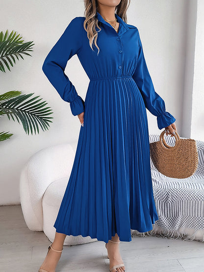 A-line Flared Sleeves Buttoned Elasticity Pleated Color Lapel Maxi Dresses