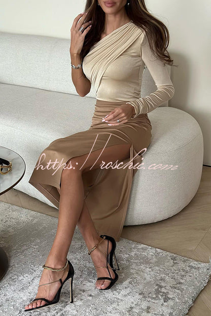 Layla Ruched Back Elastic Waist Side Slit Midi Skirt