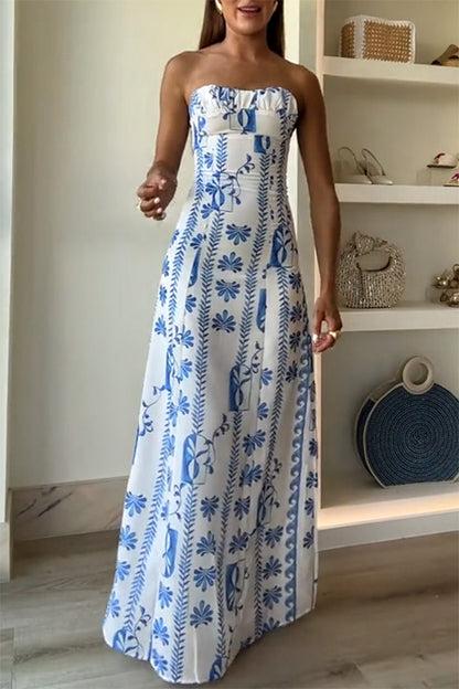 Freya Linen Blend Wave Print Ruched Bust Strapless Maxi Dress