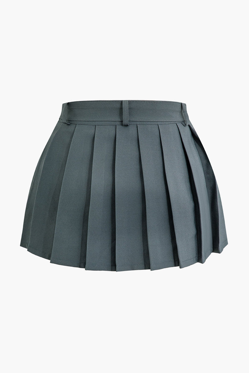 Color Y2k Buckle Layer Pleated Mini Skirt