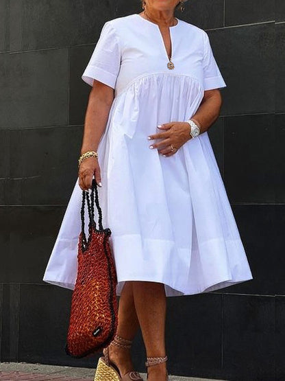 Loose Short Sleeves Color Deep V-neck Midi Dresses Shirt Dress
