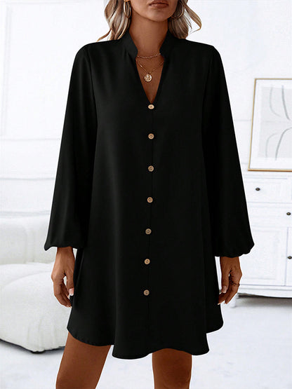A-line Long Sleeves Buttoned Color V-neck Mini Dresses