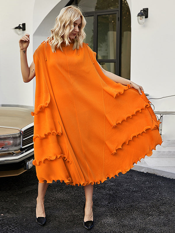 Loose Bandage Lacy Color High-neck Midi Dresses