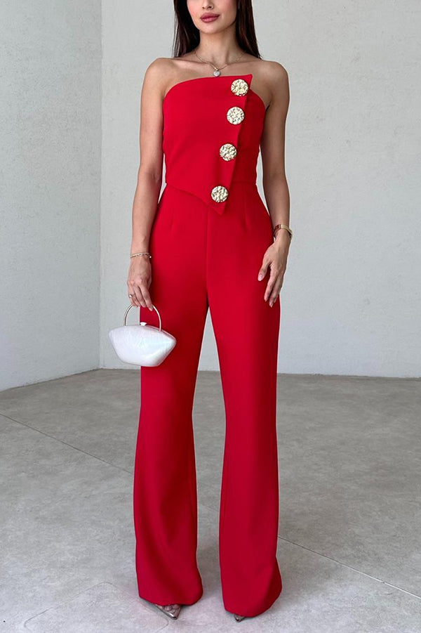 Color Tube Top Gold Button Embellished Bootcut Jumpsuit
