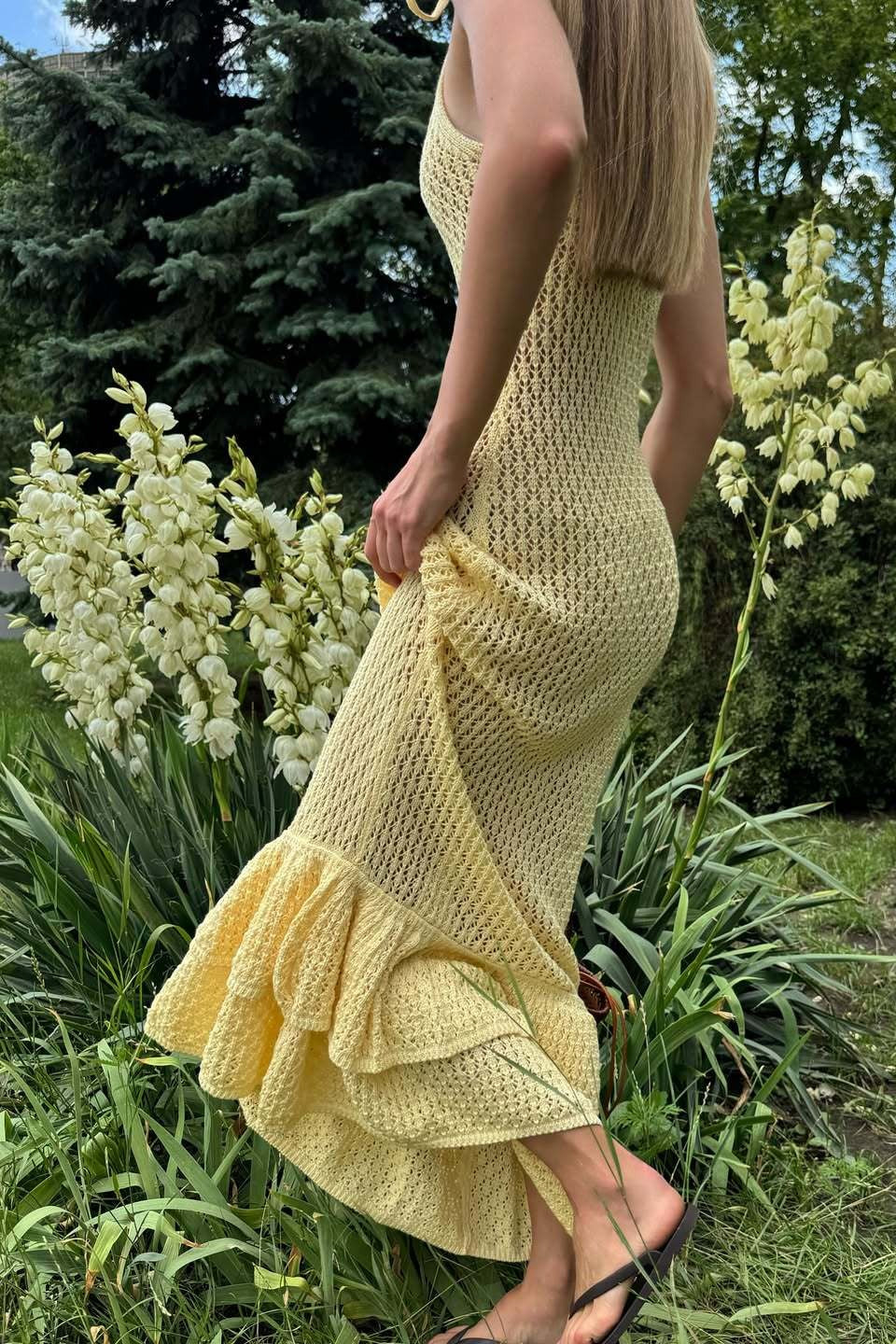 Ruffle Knit Cutout Sheer Cami Maxi Dress
