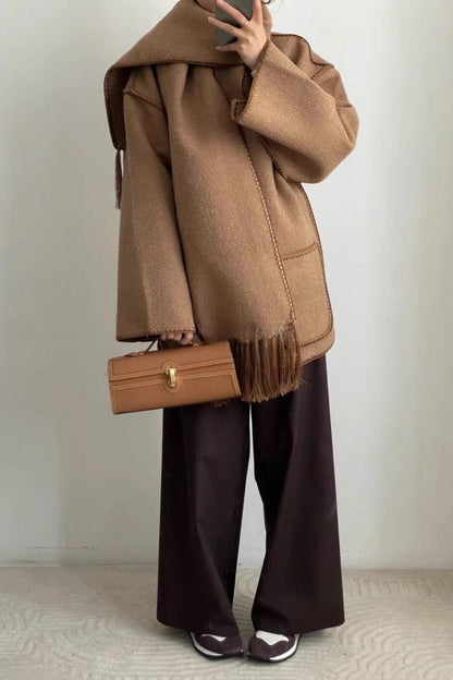 Scarf Collar Tassel Wool Embroidered Coat